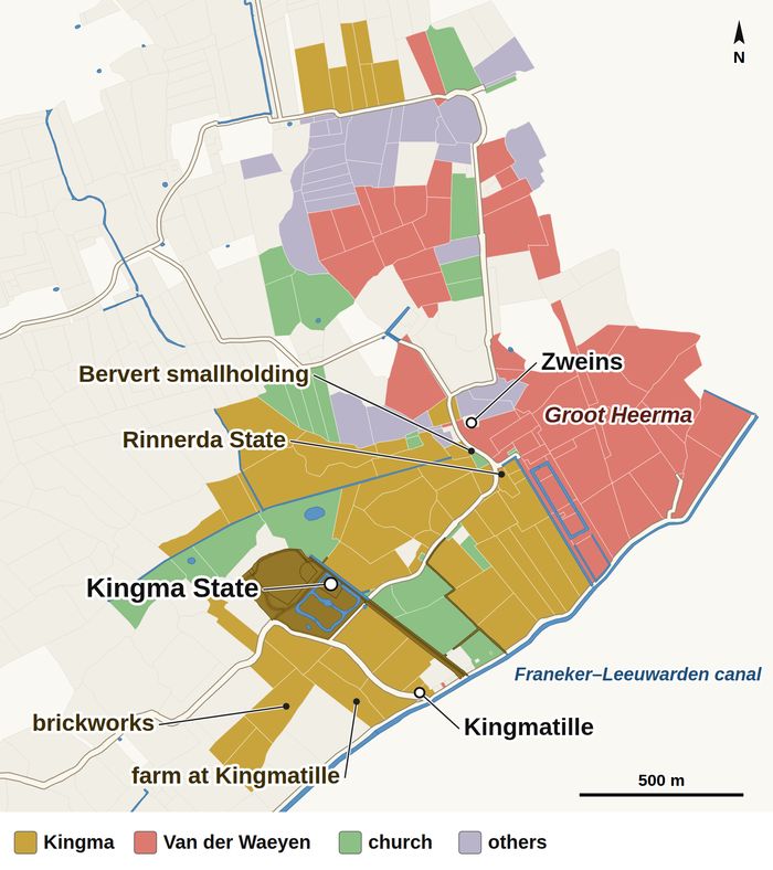 Map of Zweins in 1700 on the cadastral parcels of 1832, coloured by owner: the Kingma property with Kingma State, Rinnerda State, the Bervert smallholding, the brickworks and the farm at Kingmatille, next to the land of Van der Waeyen, the church and others