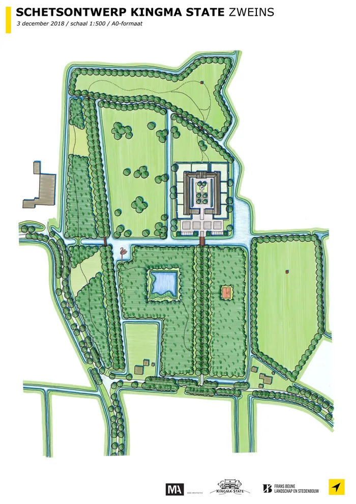 Schets van de plattegrond van de nieuwe state en het parklandschap uit nieuwsbrief 1 (mei 2020).