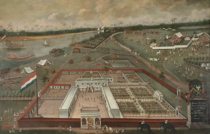 De handelsloge van de VOC te Hougly (Hooghly-Chinsurah), het hoofdkantoor van de directie Bengalen waaronder Kasimbazar viel; tegenhanger van het schilderij van Kasimbazar, Hendrik van Schuylenburgh, 1665.