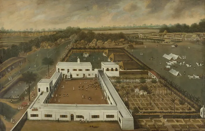 De VOC-loge in Bengalen die waarschijnlijk Kasimbazar voorstelt, Hendrik van Schuylenburgh, omstreeks 1665: het hoofdgebouw van twee verdiepingen aan een binnenplaats met pakhuizen, de tuin van de Compagnie met een paviljoen, daaromheen dorpen en de rivier.