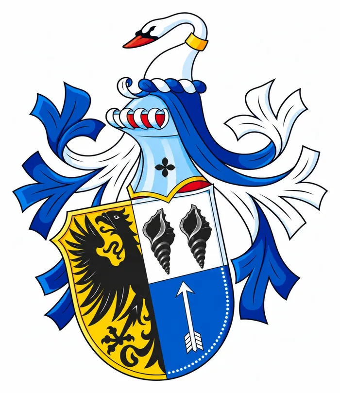 Het Kingmawapen: rechts de Friese halve adelaar, links boven twee tritonshoorns, onder een pijl; helmteken de uitkomende zwaan. Opgeschoonde tekening, 2026.