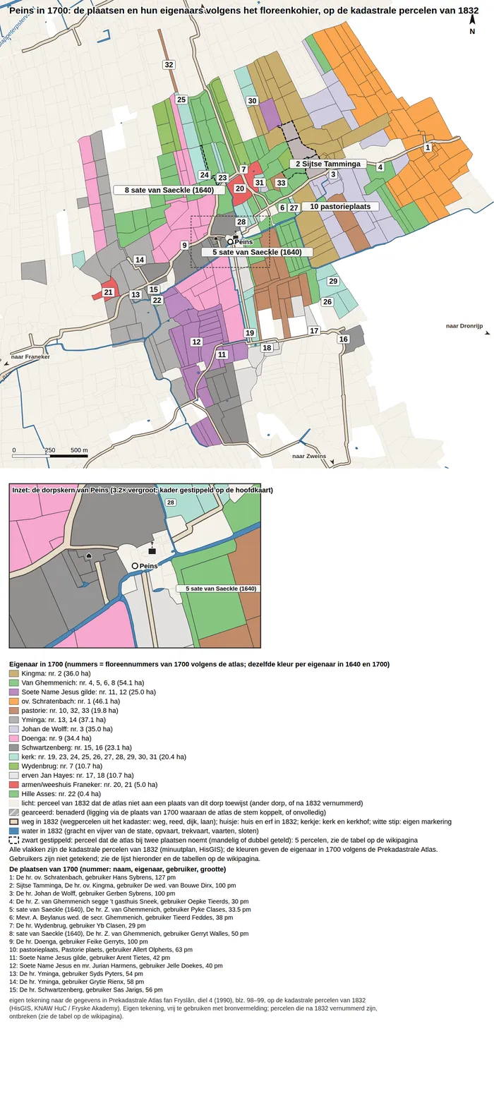 Peins in 1700: de plaatsen van het floreenkohier op de percelen van 1832; rood nummer 2 van overste Kingma (de sate Sijtse Tamminga), blauw de plaatsen 4, 5, 6 en 8 van Van Ghemmenich.
