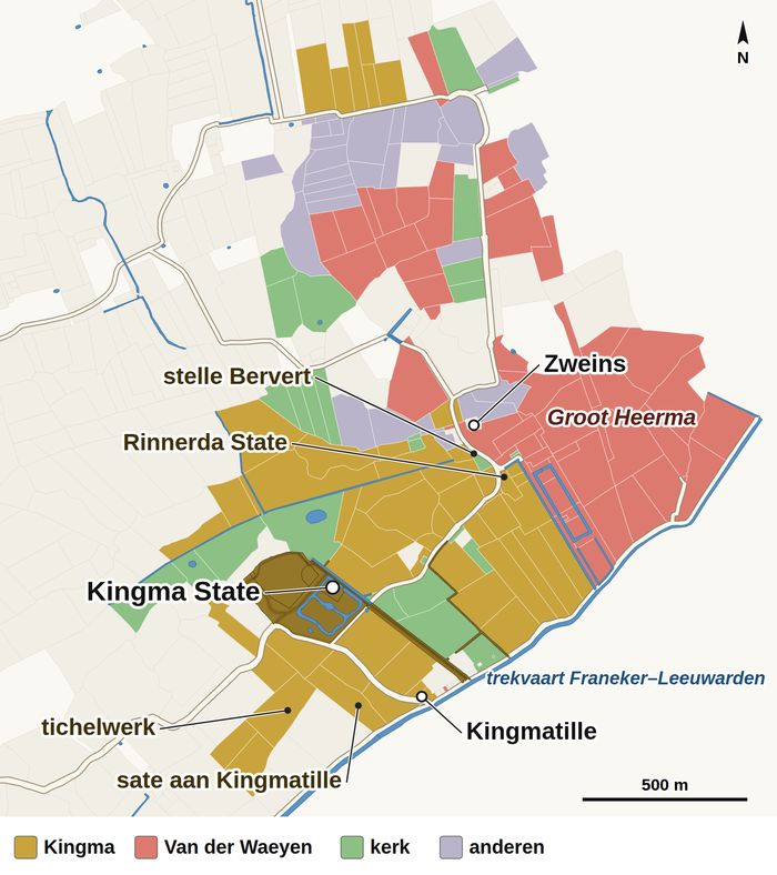 Kaart van Zweins in 1700 op de kadastrale percelen van 1832, gekleurd naar eigenaar: het bezit van Kingma met Kingma State, Rinnerda State, de stelle Bervert, het tichelwerk en de sate aan Kingmatille, daarnaast het land van Van der Waeyen, de kerk en anderen