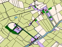 Kingma State, Zweins en Kingmatille op de kadastrale kaart van 1832 (HISGIS). De state (rood omlijnd) ligt zuidwestelijk van Zweins; het grote vlak is de tuin, het donkere vlak het bos. Oprijlaan en opvaart lopen zuidoostelijk naar de trekvaart bij Kingmatille.