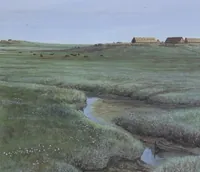 Artist impression van het kwelderlandschap met terpen en boerderijen in de vroege middeleeuwen.