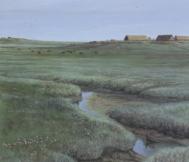 Artist impression van kwelderlandschap met terpen en boerderijen in de vroege middeleeuwen