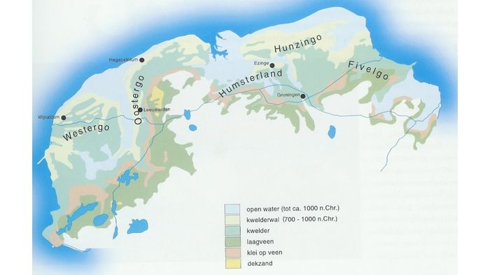 Het kwelderlandschap van Friesland en Groningen in de vroege Middeleeuwen. Kinghum lag in het midden van Westergo, ten noorden van de vaart