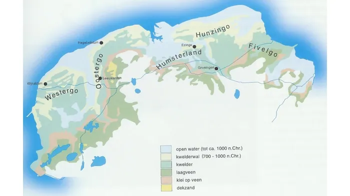 Het kwelderlandschap van Friesland en Groningen in de vroege middeleeuwen; Kinghum lag in het midden van Westergo, ten noorden van de vaart.