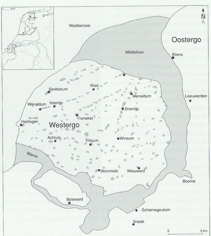 Terpenreeksen in het gebied Westergo. De terp Kinghum ligt tussen Franeker en Dronrijp