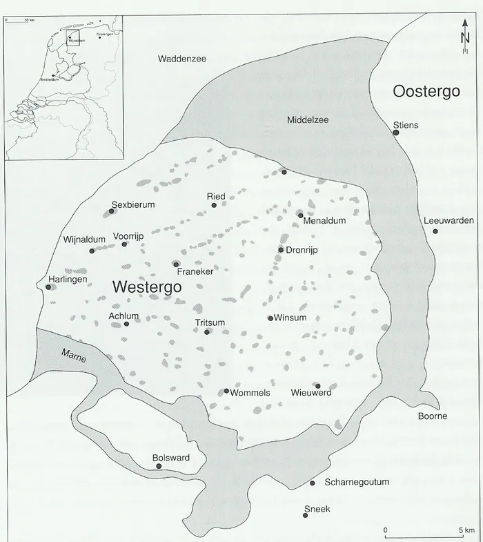 Terpenreeksen in Westergo. De terp Kinghum ligt op de kwelderwal tussen Franeker en Dronrijp; noordelijk loopt de rij Franeker, Schalsum, Peins en Slappeterp.