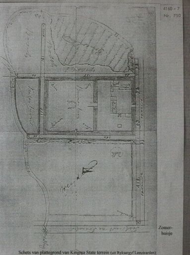 Schets van de tuin en gebouwen van Kingma State, mogelijk uit de eerste helft van de 19e eeuw. Onderin zien we het zomerhuisje en de trekvaart