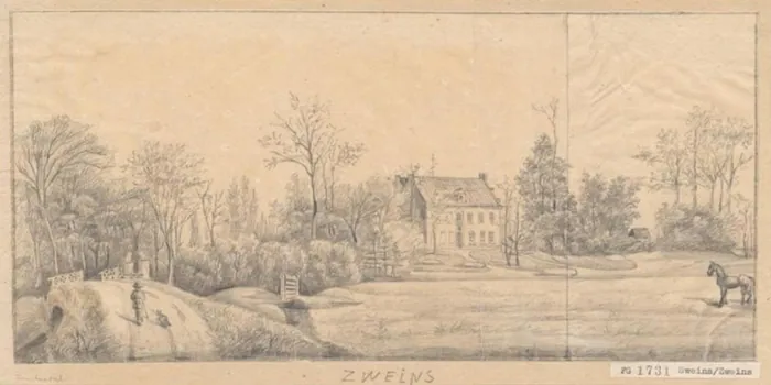 Kingma State omstreeks 1860-1870, potloodtekening van Albert Martin. Links de brug van het kerkpad met de opengewerkte leuning en twee zuilen, met een man en een hond op het pad; daarnaast een veldhek; achter de bomen het gepleisterde herenhuis met de dakkapel en de kopgevel in de schaduw; voor het huis het gazon met gebogen paden en perken; rechts een paard in de wei. Onderschrift "ZWEINS".