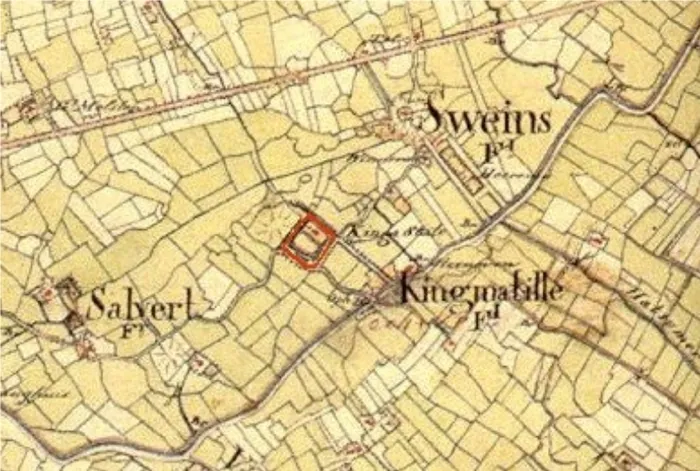 Kingma State in de achttiende eeuw: Sweins, Kingma State, Kingmatille en Salvert op een gekleurde topografische kaart.