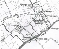 Zweins met Kingma-state, Rinnerda, Heerma-state en Groot Heerma, het "Tigchelwerk", het tolhuis en Kingma-tille; volgens De Kinkhoorn 2 een uitsnede van de kaart van Zweins in de Prekadastrale Atlas fan Fryslân (deel 4), volgens De Kinkhoorn 13 hetzelfde kaartbeeld als de kaart van Eekhoff (1852). Op de website heeft dit beeld een afgebroken bijschrift.
