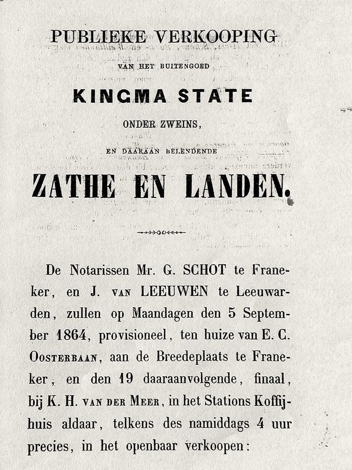 Aankondiging van de publieke verkoping van Kingma State, september 1864.