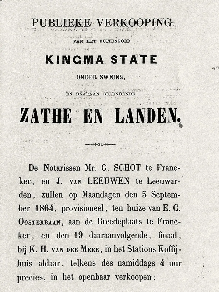 Het verkoopboekje van Kingma State uit 1864, eerste pagina.