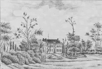 Kingma State omstreeks 1860, detail van de litho van Albert Martin: het huis met twee beuken achter de bomen, links de toegang met de zuilen.