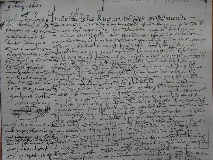 De koopbrief van Kingma State van 9 augustus 1611, opgesteld door notaris Van Tongeren; in de marge de betalingsverklaringen van Hendrick Jelles. Familiearchief Van Beyma thoe Kingma, Tresoar.