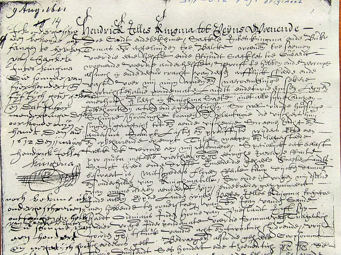 De koopbrief van Kingma State van 9 augustus 1611, opgesteld door notaris Van Tongeren; in de marge de betalingsverklaringen van Hendrick Jelles. Familiearchief Van Beyma thoe Kingma, Tresoar.