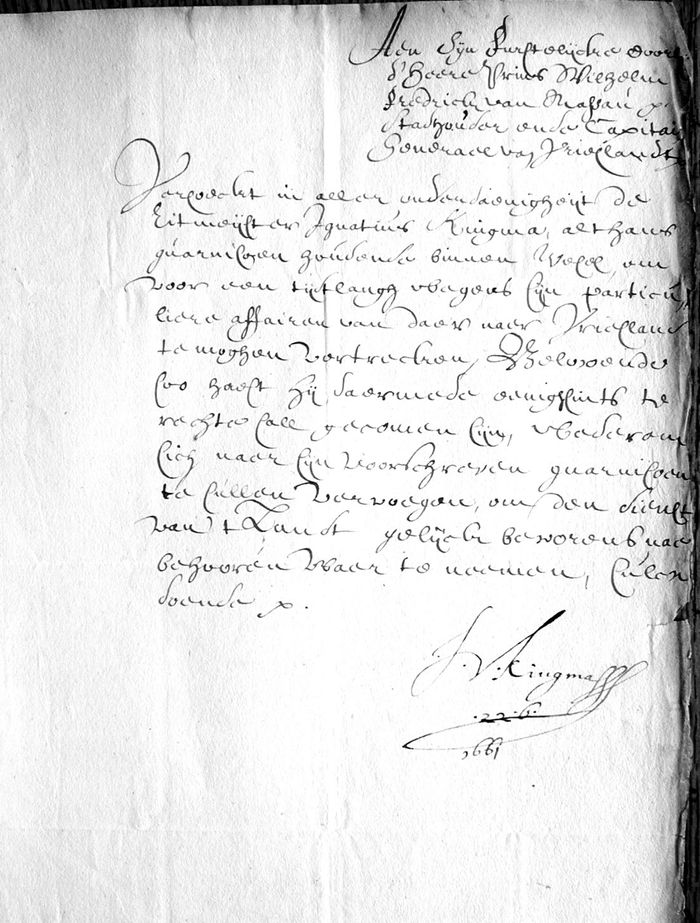 Brief van ritmeester Ignatius van Kingma aan stadhouder Willem Frederik, 22 juni 1661
