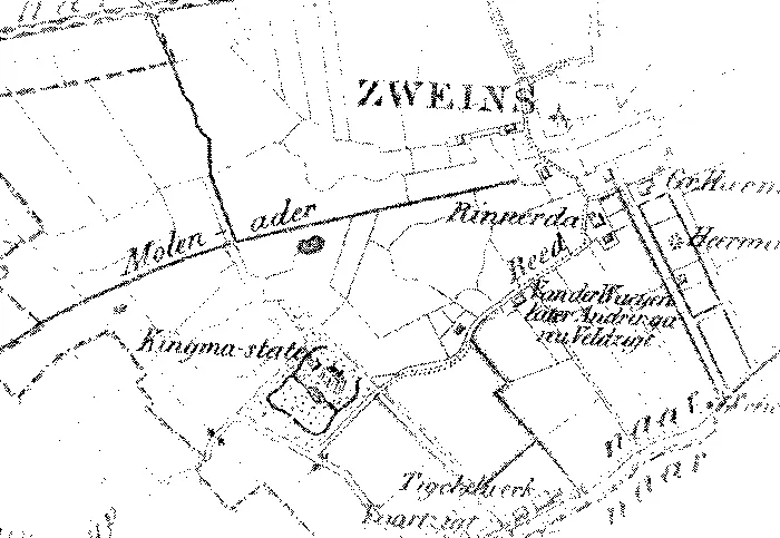Zweins met Kingma State op het gedeelte van de kaart van Eekhoff (1852) dat J.J. Kalma in 1978 bij zijn artikel over Eduard Marius van Beyma afdrukte.