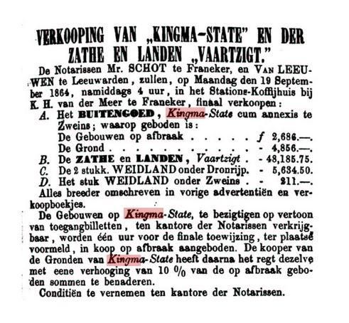 Verkoopadvertentie met prijzen van Kingma State, 19 september 1864