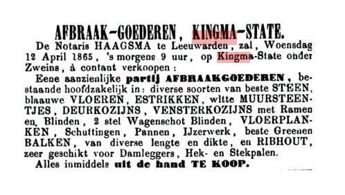 Verkoop van afbraakgoederen van Kingma State, aangekondigd voor 12 april 1865