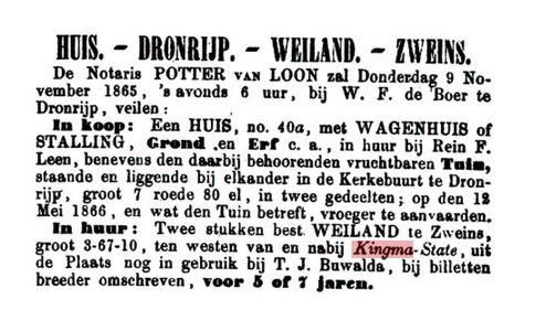 Verhuur van weiland bij Kingma State, veiling van 9 november 1865