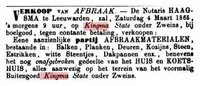 De aankondiging van de verkoop van afbraakmaterialen van Kingma State, Leeuwarder Courant 28 februari 1865.