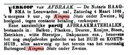 Aankondiging van de verkoop van afbraakmaterialen van Kingma State, 28 februari 1865