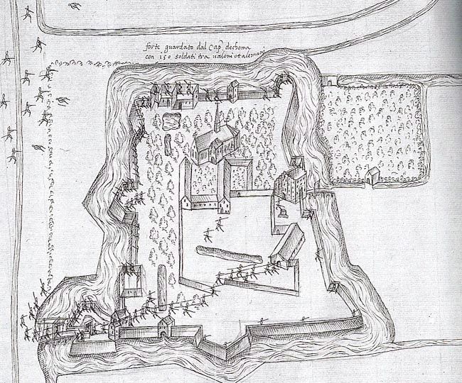 Plattegrond van klooster Lidlum (1572) uit de Roblesatlas