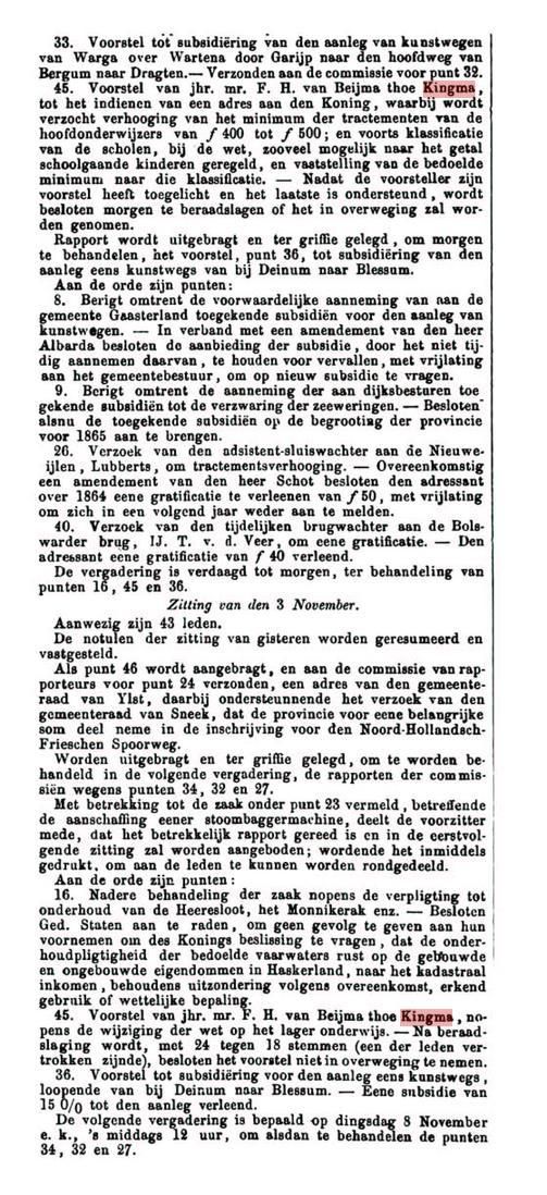 Verslag van de Provinciale Staten in de Leeuwarder Courant, november 1864, met voorstellen van jhr. mr. F.H. van Beijma thoe Kingma