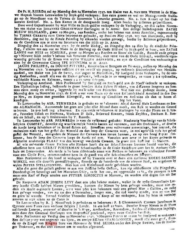 Aankondiging in de Leeuwarder Courant van 12 november 1757 van de verkoop van singelbomen van Kingma State