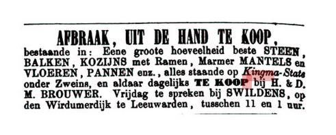 Afbraak van Kingma State uit de hand te koop, 1865