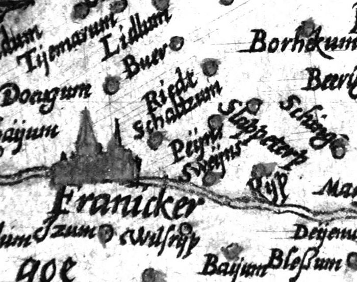 Detail van de kaart van Guicciardini: Franeker en Zweins (‘Sweijns’)
