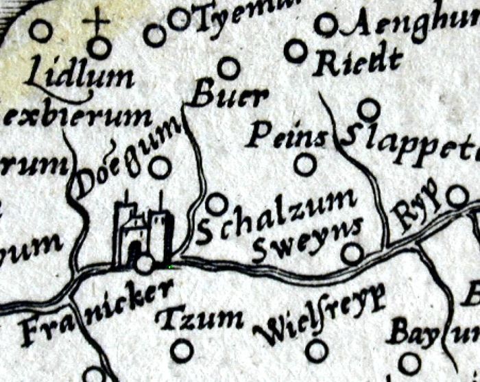 Detail van de kaart van Mercator: Franeker en Zweins (‘Sweyns’)