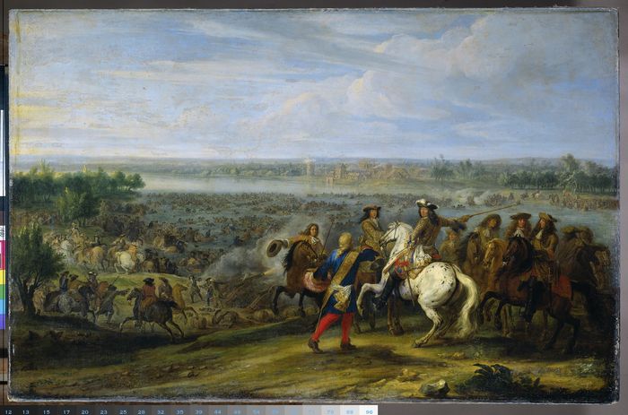 Het Franse leger trekt bij Lobith over de Rijn, 12 juni 1672. Schilderij van Adam Frans van der Meulen, in bezit van het Rijksmuseum.