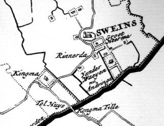 Detail van de kaart van Schotanus à Sterringa: Zweins met Kingma State, het tolhuis en Kingmatille