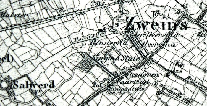 Detail van kaartblad 5 van de Topografische Militaire Kaart (1862): Zweins met Kingma State