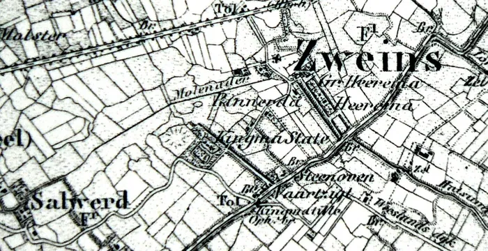 Zweins, Kingma State, de steenoven en Kingmatille op blad 5 "Harlingen" van de Topografische Militaire Kaart (1862), waarschijnlijk de laatste kaart waarop de state staat.