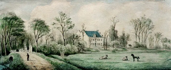 Kingma State kort voor de afbraak, aquarel van de Leeuwarder tekenmeester Albert Martin omstreeks 1860. Links de toegang met de twee zuilen met leeuwen, rechts het gepleisterde herenhuis met het schilddak tussen de bomen van de singel.
