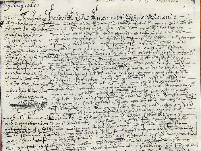 Koopbrief van 9 augustus 1611, waarmee Saeckle Intes Kingma en zijn vrouw de ene helft van de state kochten van zijn oom Hendrick Jelles Kingma; zijn andere oom, Ryurdt Saeckles, kocht de andere helft.