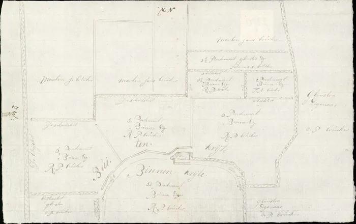 Kaartje van percelen land in een zogenaamde Binnen- en Buitenkryte, 1800; bij de meeste percelen "Beima Eig." (eigenaar) en "R.P. bruiker"; plaats niet vermeld.