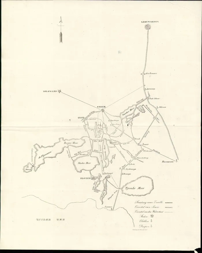 Ontwerpkaart voor de aanleg van de straatweg Akkrum, Joure, Lemmer, 1837, litho.