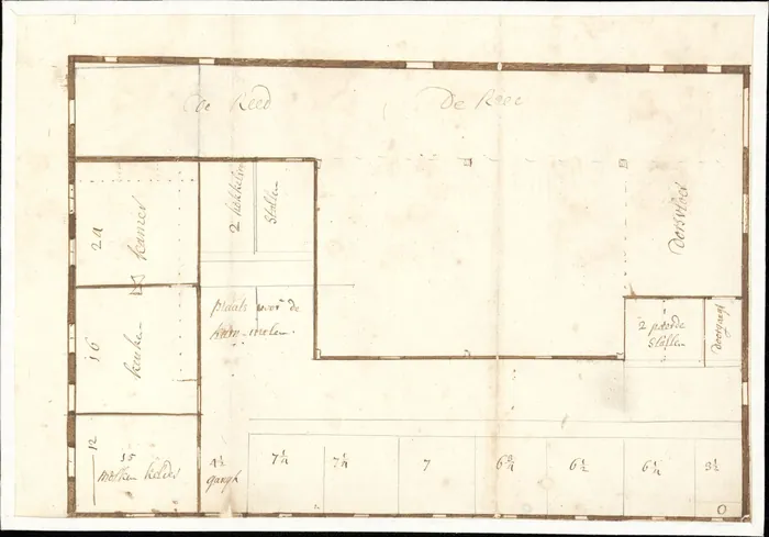 Plattegrond van een boerderij, omstreeks 1800: kamer, keuken, melkkelder, plaats voor de karnmolen, paardenstal, dorsvloer en "de Reed"; welke boerderij is niet vermeld.