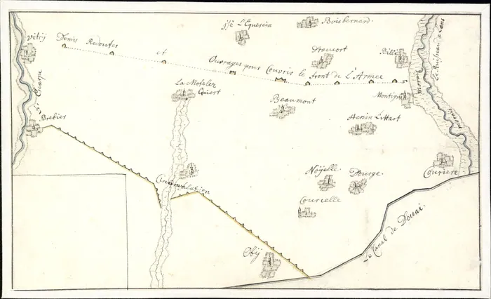 Plan van twee linies in een gebied ten zuiden van Brebières en Auby, bij Douai, achttiende eeuw.