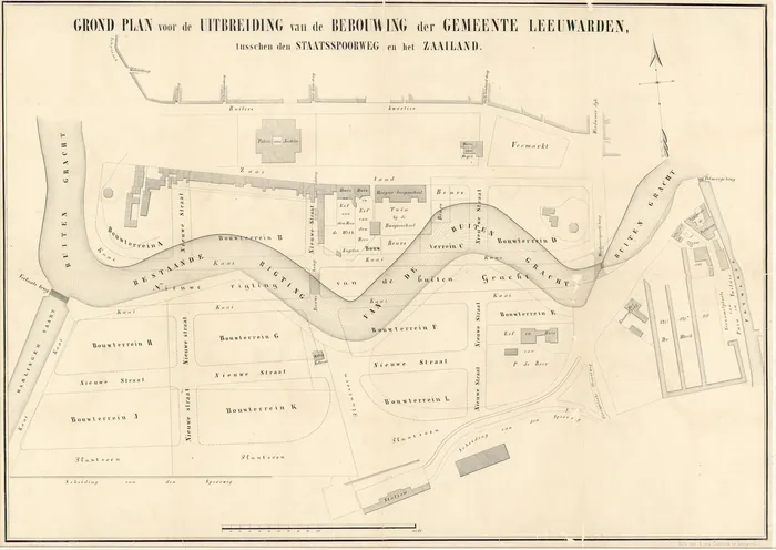 Grondplan voor de uitbreiding van de bebouwing van de gemeente Leeuwarden tussen de Staatsspoorweg en het Zaailand, omstreeks 1870, door A. van Calsbeek.