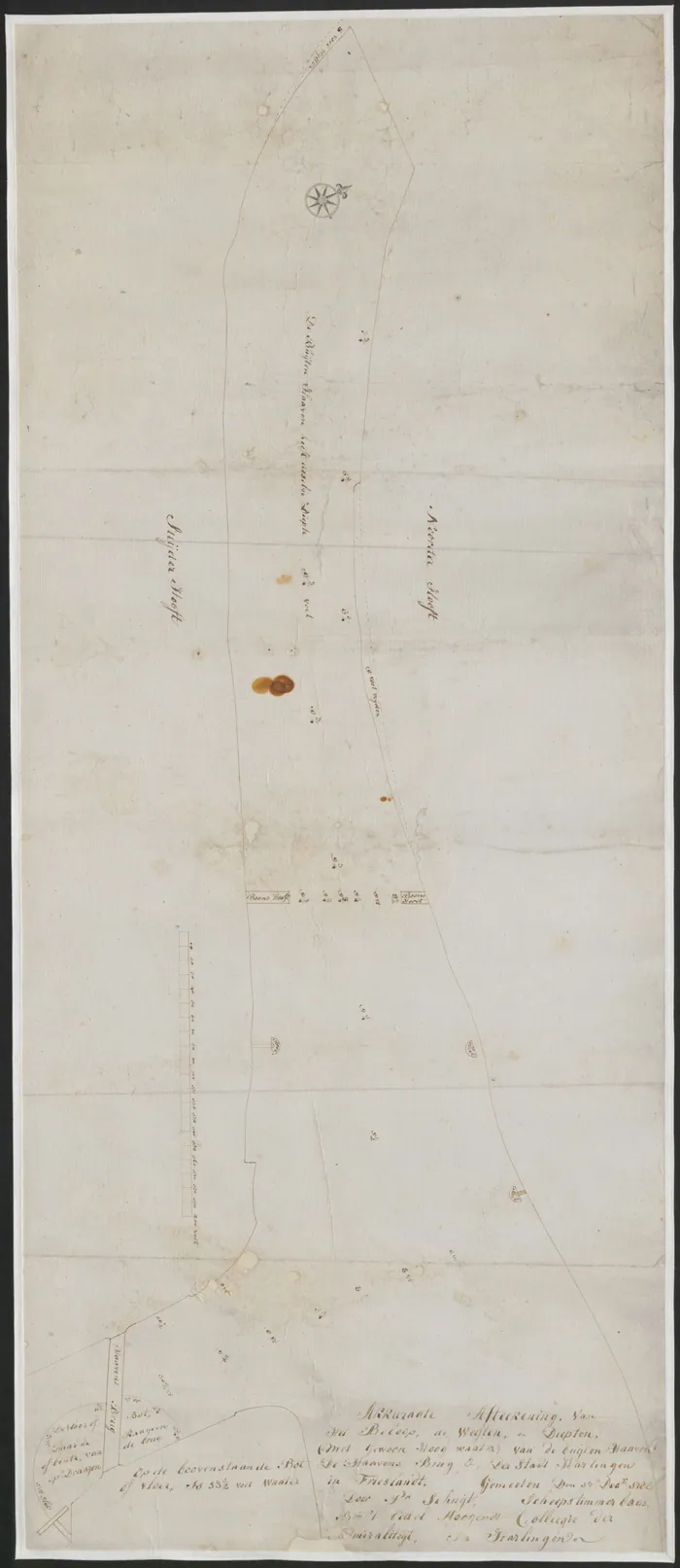 "Akkuraate afteekening van het beloop, de weijten en diepten van de buijten haaven, de haavens brug etc. der stadt Harlingen", 1788, door P. Schuijt.