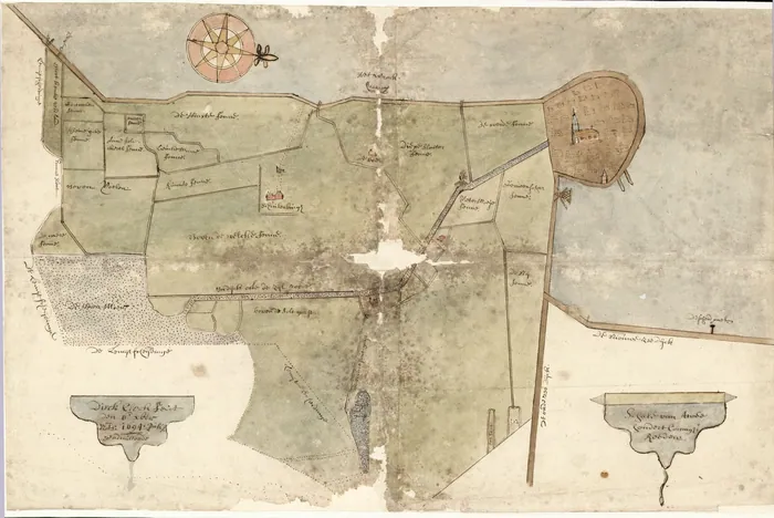 Kaartje van Hindeloopen en het stedelijk grondgebied ten zuiden van de stad, met veldnamen, 1694, door notaris Dirck Clock; mogelijk bewaard uit de jaren van Julius Matthijs als vrederechter van het kanton Hindeloopen.