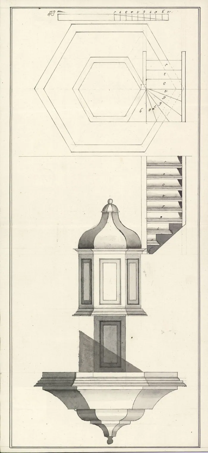 Vooraanzicht en plattegrond van een te maken preekstoel voor de kerk van Peins, 1832, in de grietmansjaren van Julius Matthijs.